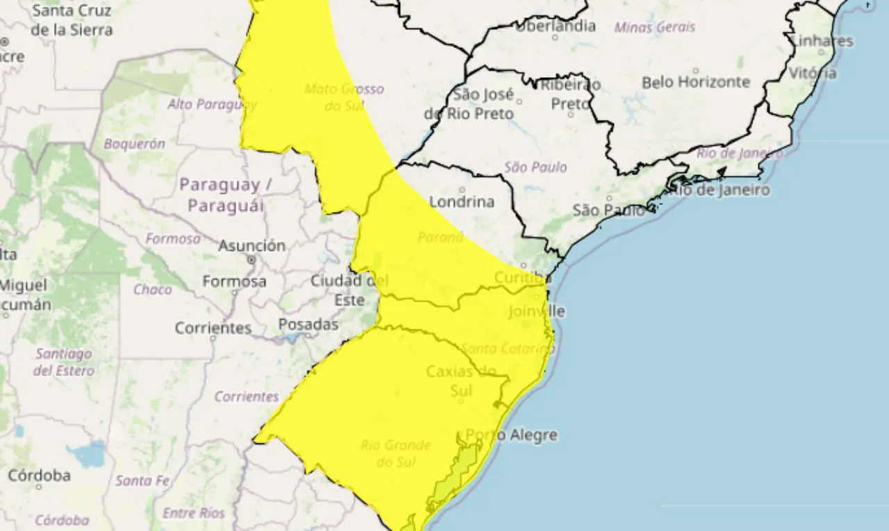 o mapa mostra &agrave;s &aacute;reas em alerta para chuva intensa